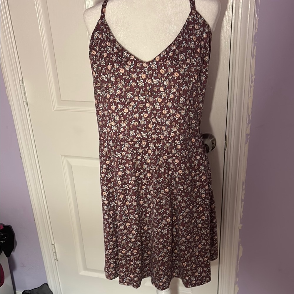 Maroon Mini Sundress with Spaghetti Straps and V-Neck Floral